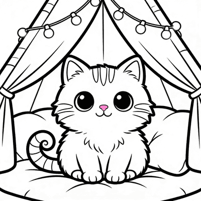 Black and white coloring page of luna in a cozy tent with fairy lights