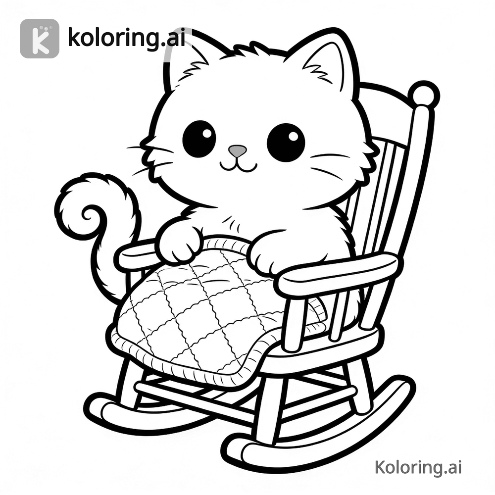 Black and white coloring page of luna in a rocking chair with a quilt