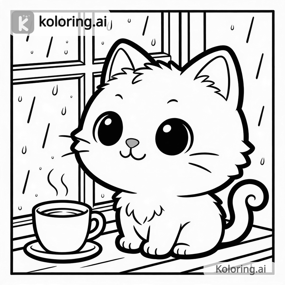 Black and white coloring page of luna looking out a rainy window with a cup of tea