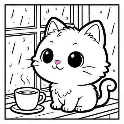 Luna Looking Out a Rainy Window with a Cup of Tea — sample page from Luna the Cozy Cat Coloring Book