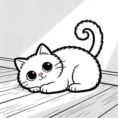 Luna napping in a sunbeam on a wooden floor — sample page from Luna the Cozy Cat Coloring Book