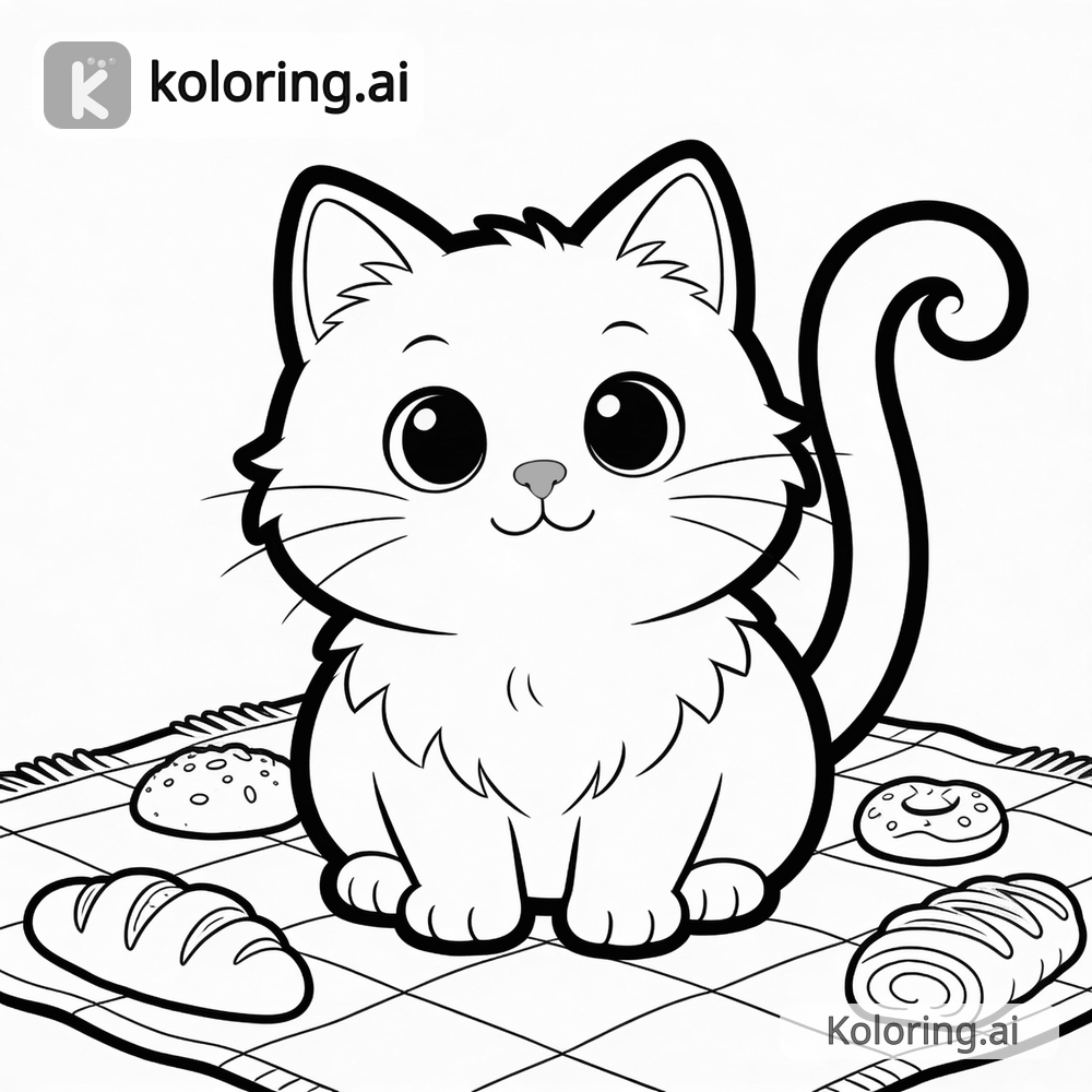 Black and white coloring page of luna on a picnic blanket with pastries