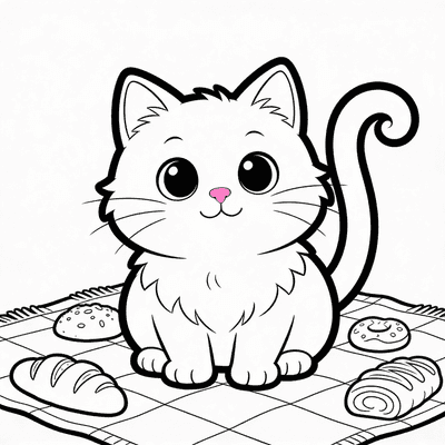 Black and white coloring page of luna on a picnic blanket with pastries