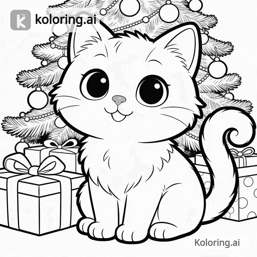 Black and white coloring page of luna sitting by a christmas tree with presents