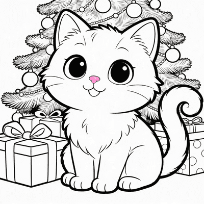 Black and white coloring page of luna sitting by a christmas tree with presents