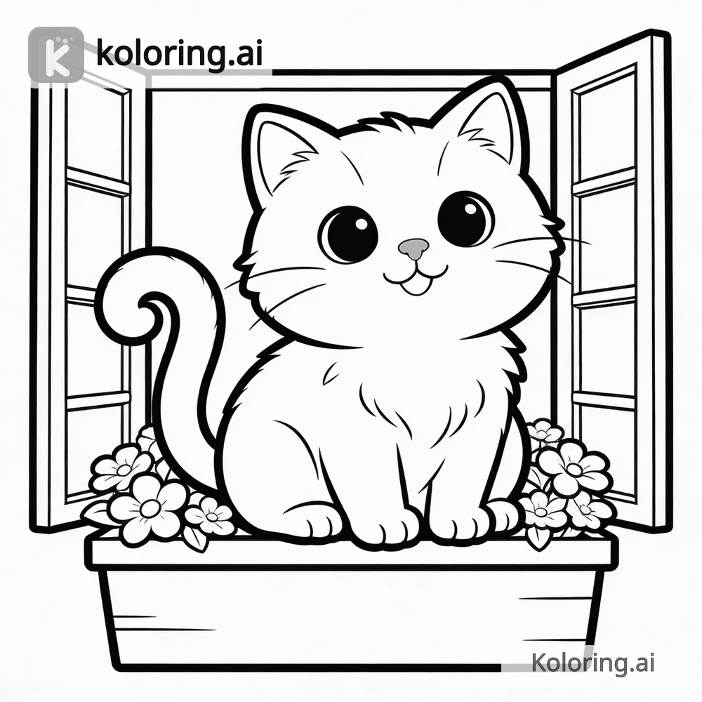 Black and white coloring page of luna sitting in a window box with flowers