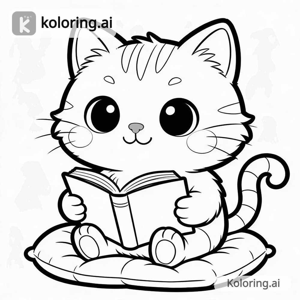 Black and white coloring page of luna sitting on a cushion reading an open book