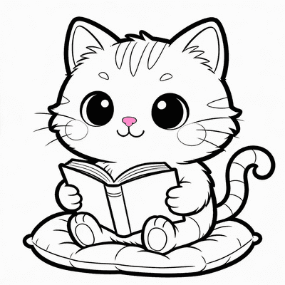 Luna Sitting on a Cushion Reading an Open Book — sample page from Luna the Cozy Cat Coloring Book