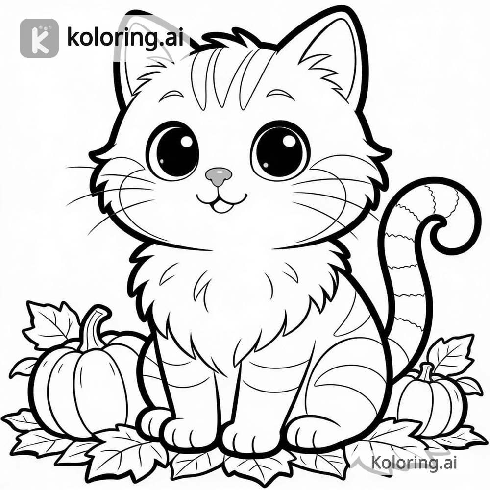 Black and white coloring page of luna sitting on autumn leaves with pumpkins