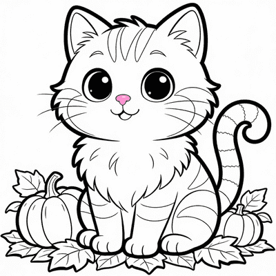 Black and white coloring page of luna sitting on autumn leaves with pumpkins