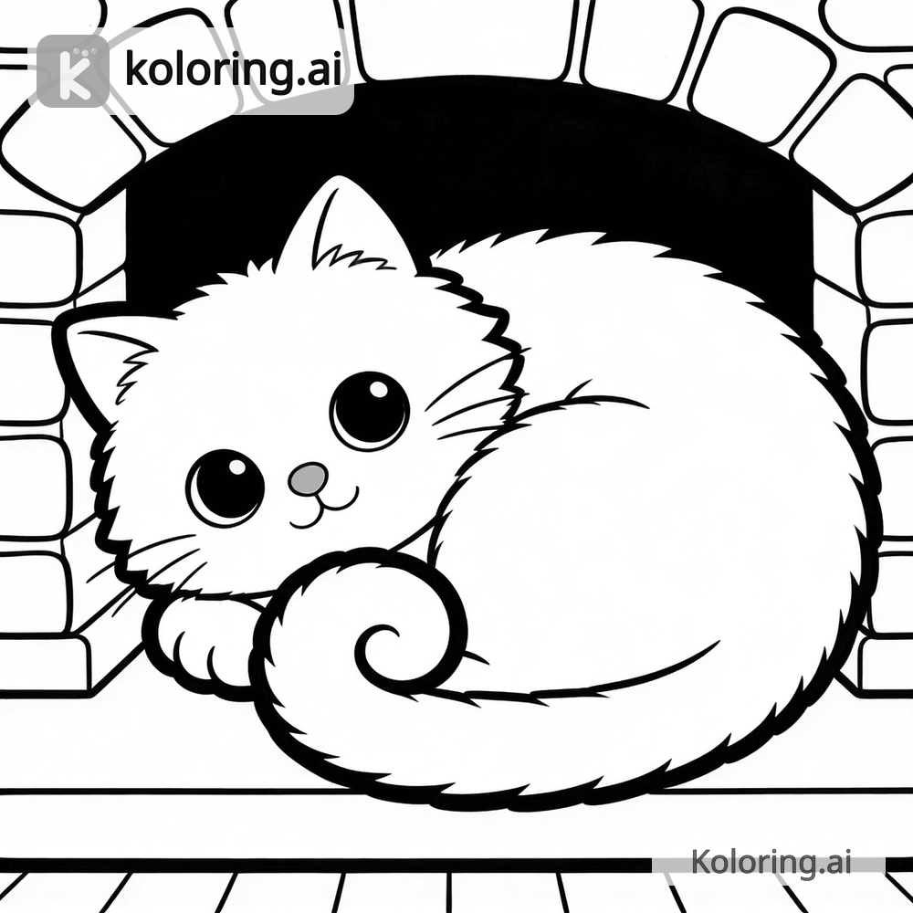 Black and white coloring page of luna sleeping curled up by a stone fireplace