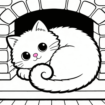 Luna Sleeping Curled Up By a Stone Fireplace — sample page from Luna the Cozy Cat Coloring Book