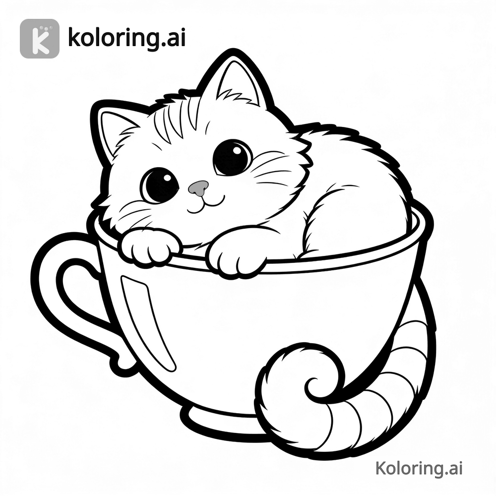 Black and white coloring page of luna sleeping in a teacup