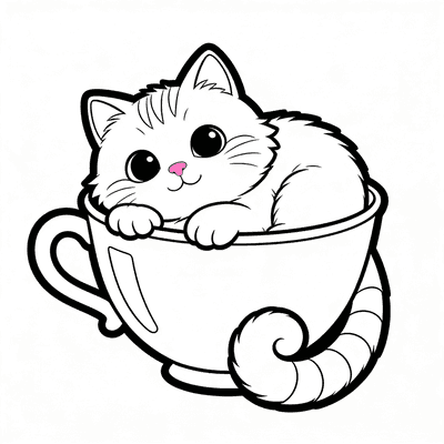 Black and white coloring page of luna sleeping in a teacup