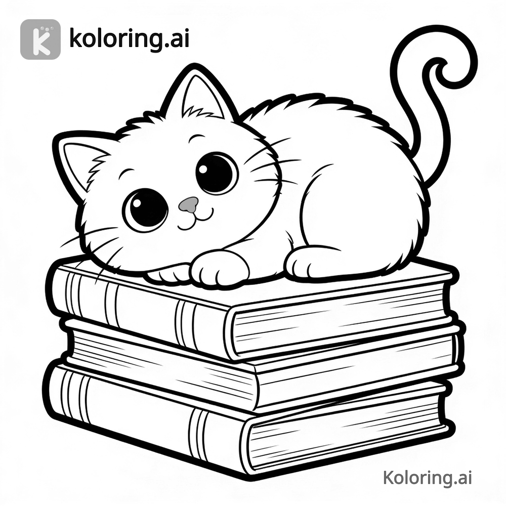 Black and white coloring page of luna sleeping on a stack of books