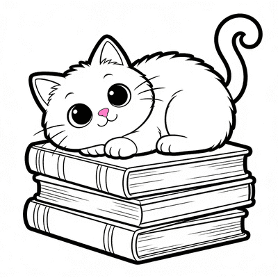 Luna Sleeping on a Stack of Books — sample page from Luna the Cozy Cat Coloring Book