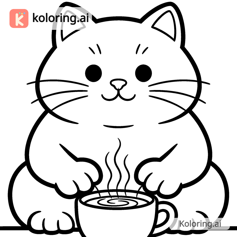 Black and white coloring page of luna warming her paws by a cup of cocoa
