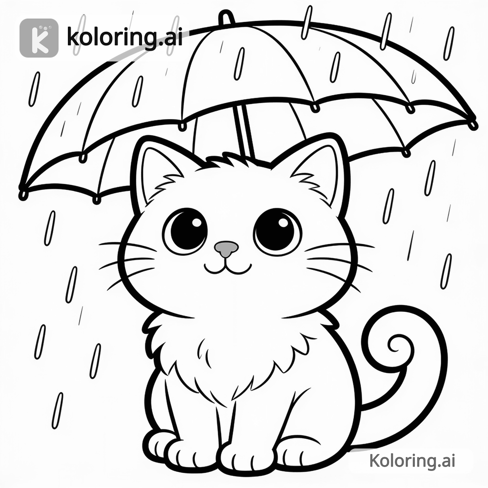 Black and white coloring page of luna watching the rain from under an umbrella