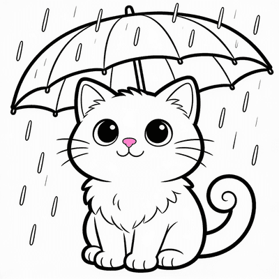 Black and white coloring page of luna watching the rain from under an umbrella
