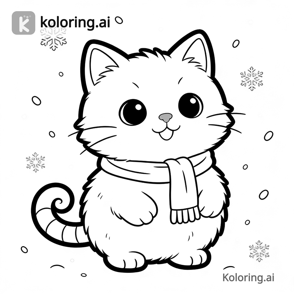 Black and white coloring page of luna wearing a tiny scarf in falling snow