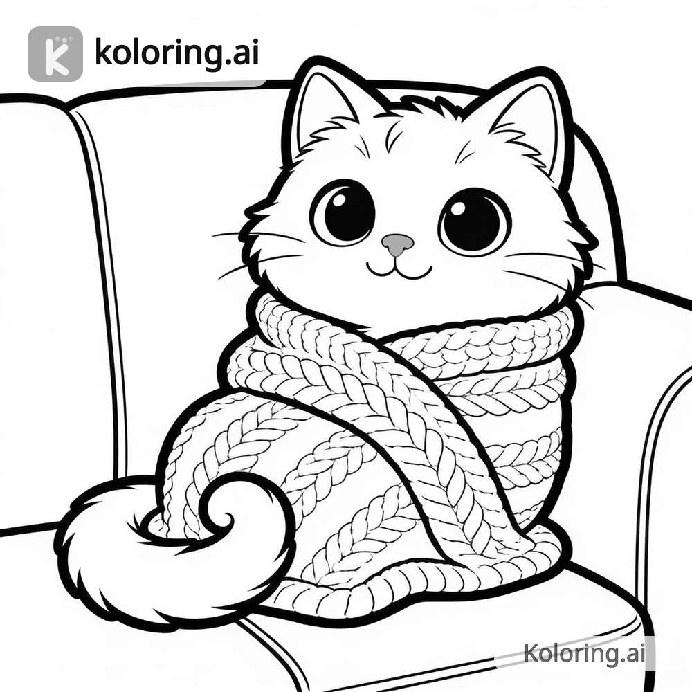 Black and white coloring page of luna wrapped in a knitted blanket on a sofa