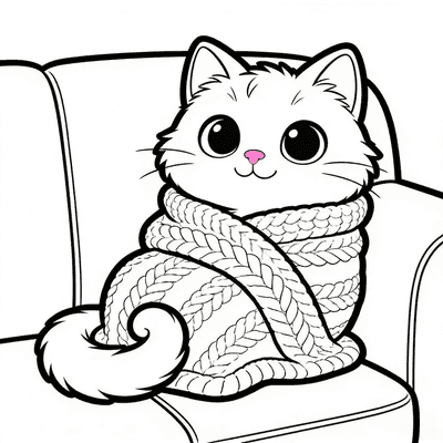 Luna Wrapped in a Knitted Blanket on a Sofa — sample page from Luna the Cozy Cat Coloring Book