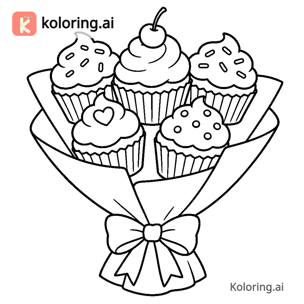 Black and white coloring page of bouquet of cupcakes wrapped in paper
