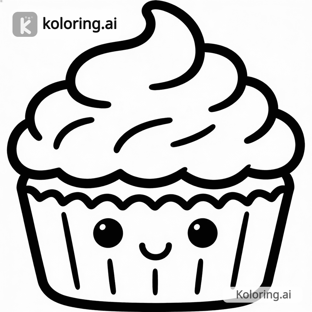 Black and white coloring page of cupcake with a cute face and frosting