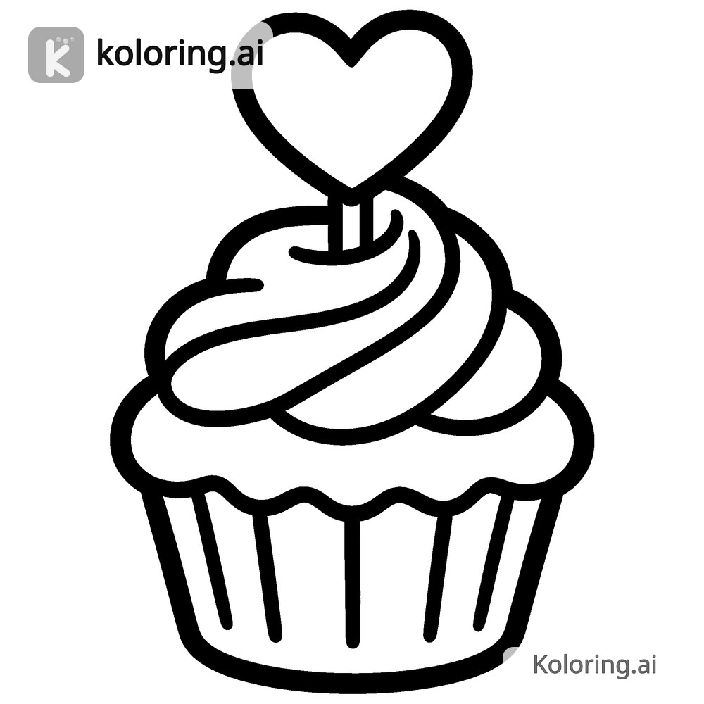 Black and white coloring page of cupcake with a heart topper