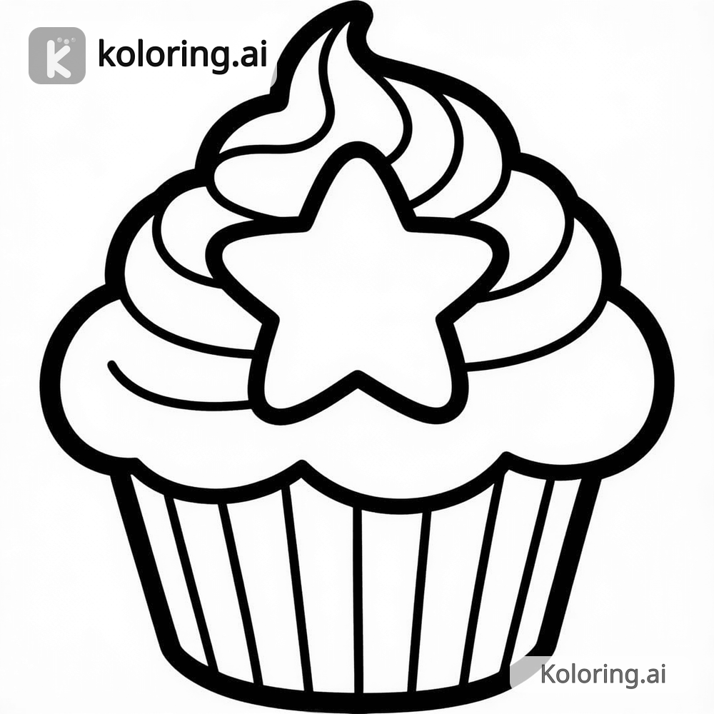 Black and white coloring page of cupcake with swirled frosting and a star
