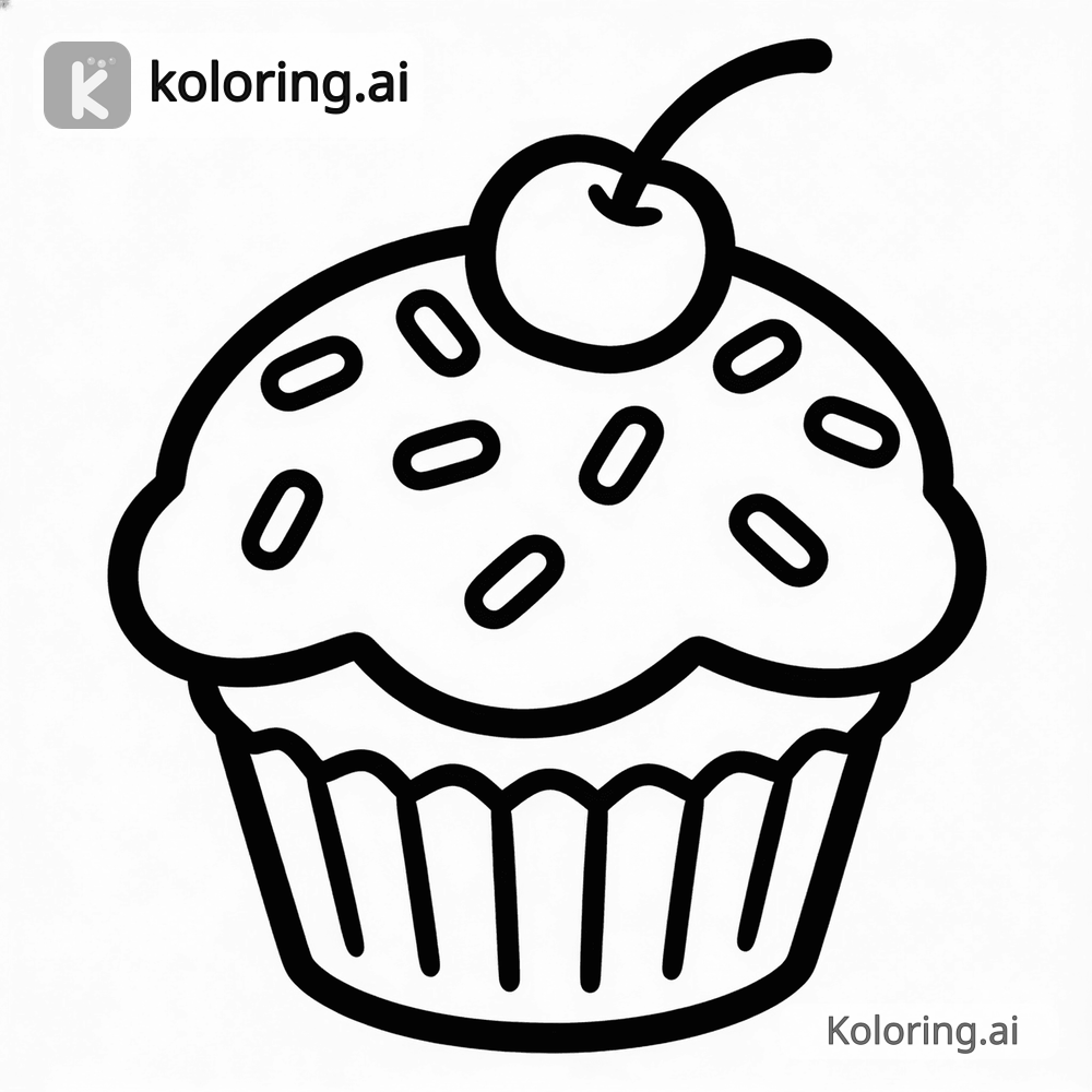 Black and white coloring page of decorated cupcake with sprinkles and cherry