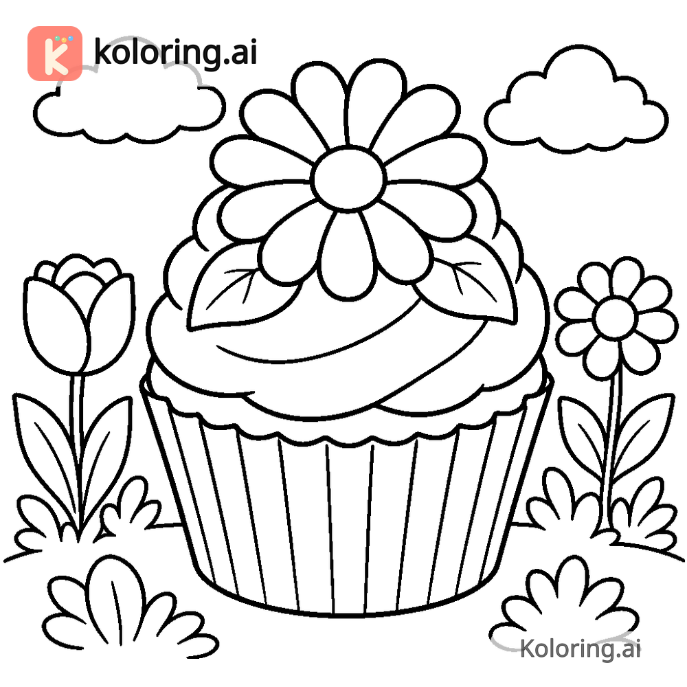 Black and white coloring page of flower-topped cupcake in a garden setting