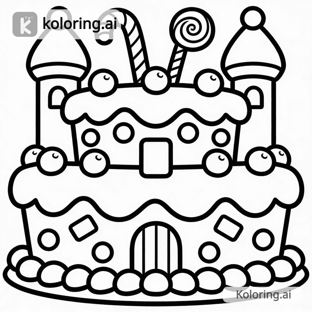 Black and white coloring page of giant cupcake castle with candy decorations