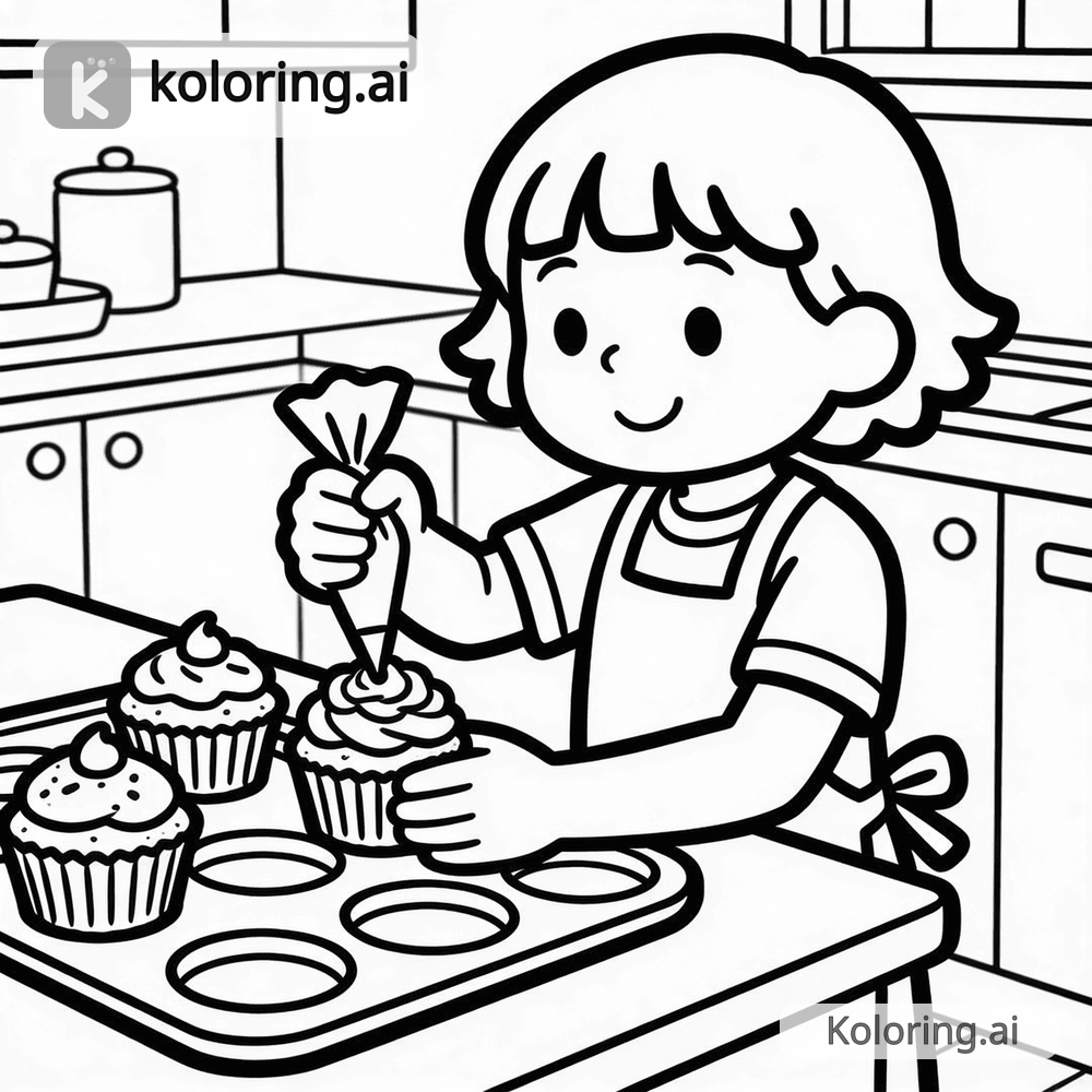 Black and white coloring page of kid decorating cupcakes in a kitchen