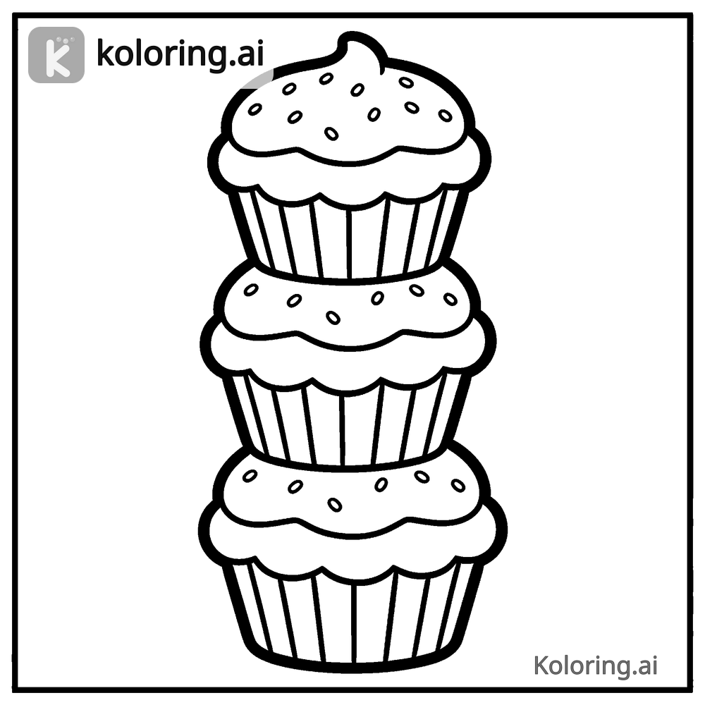 Black and white coloring page of stack of three frosted cupcakes