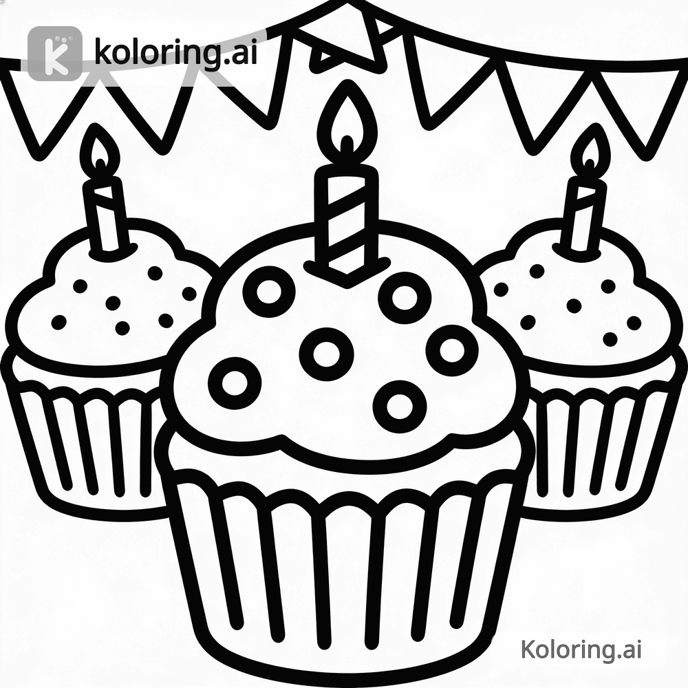 Black and white coloring page of three cupcakes at a birthday party