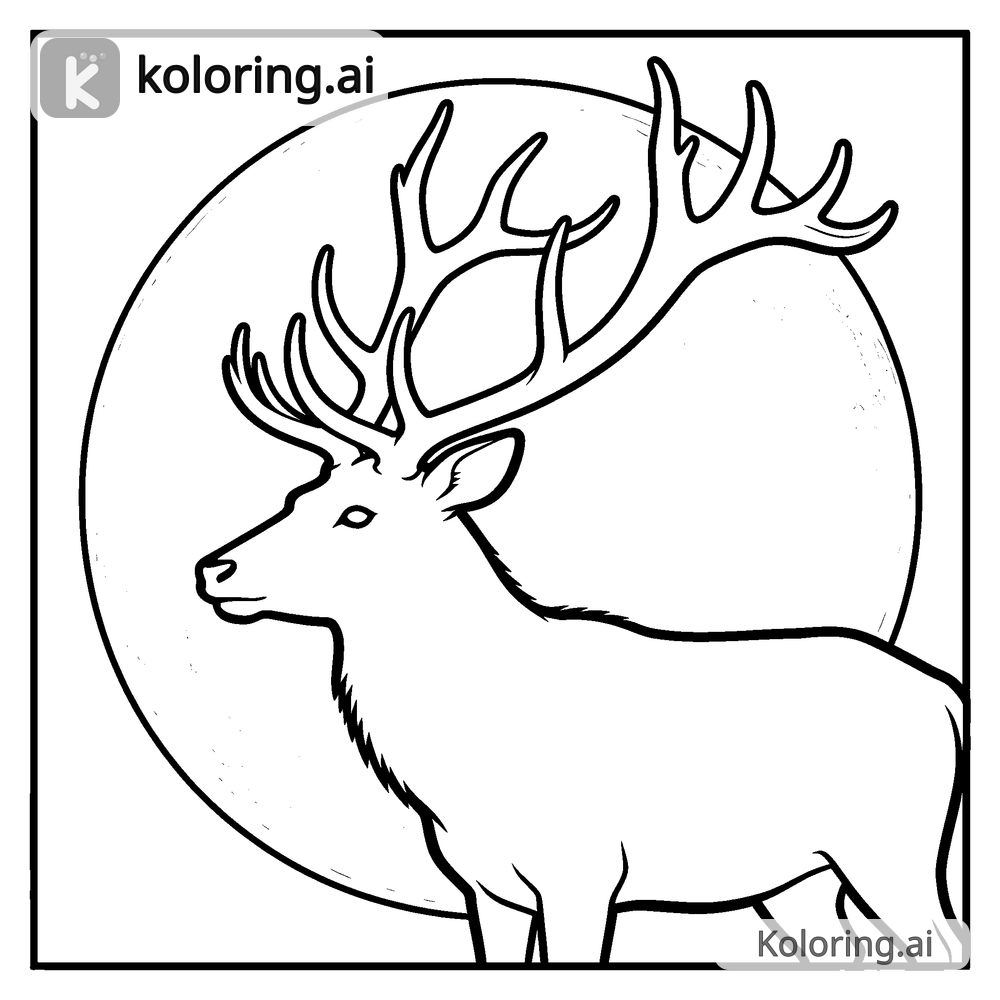 Black and white coloring page of antlered stag silhouetted against a full moon