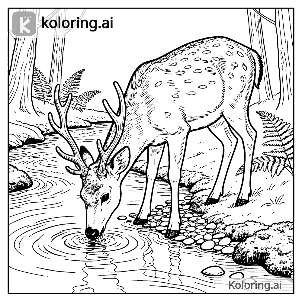 Black and white coloring page of deer drinking from a quiet woodland stream