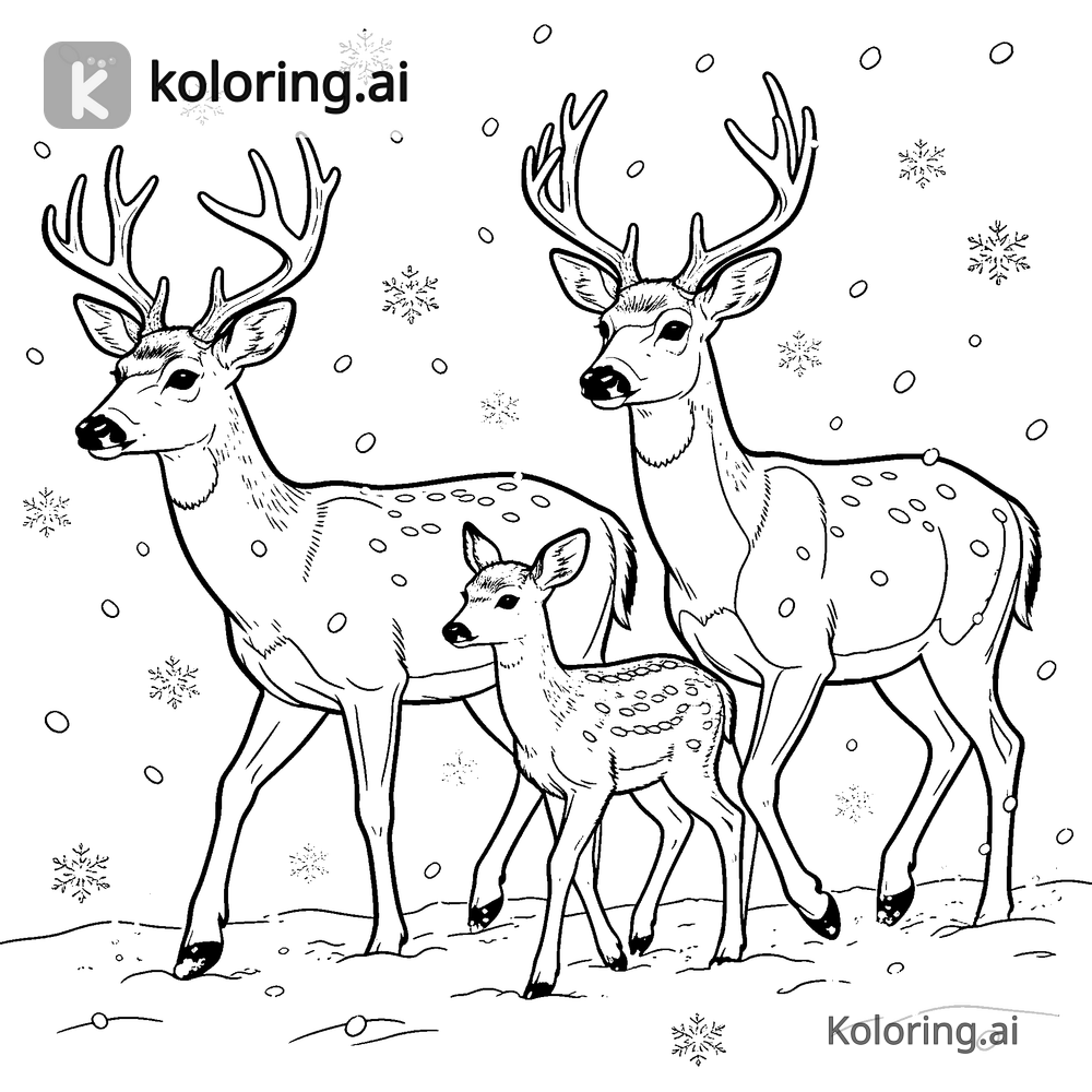 Black and white coloring page of deer family walking through falling snow