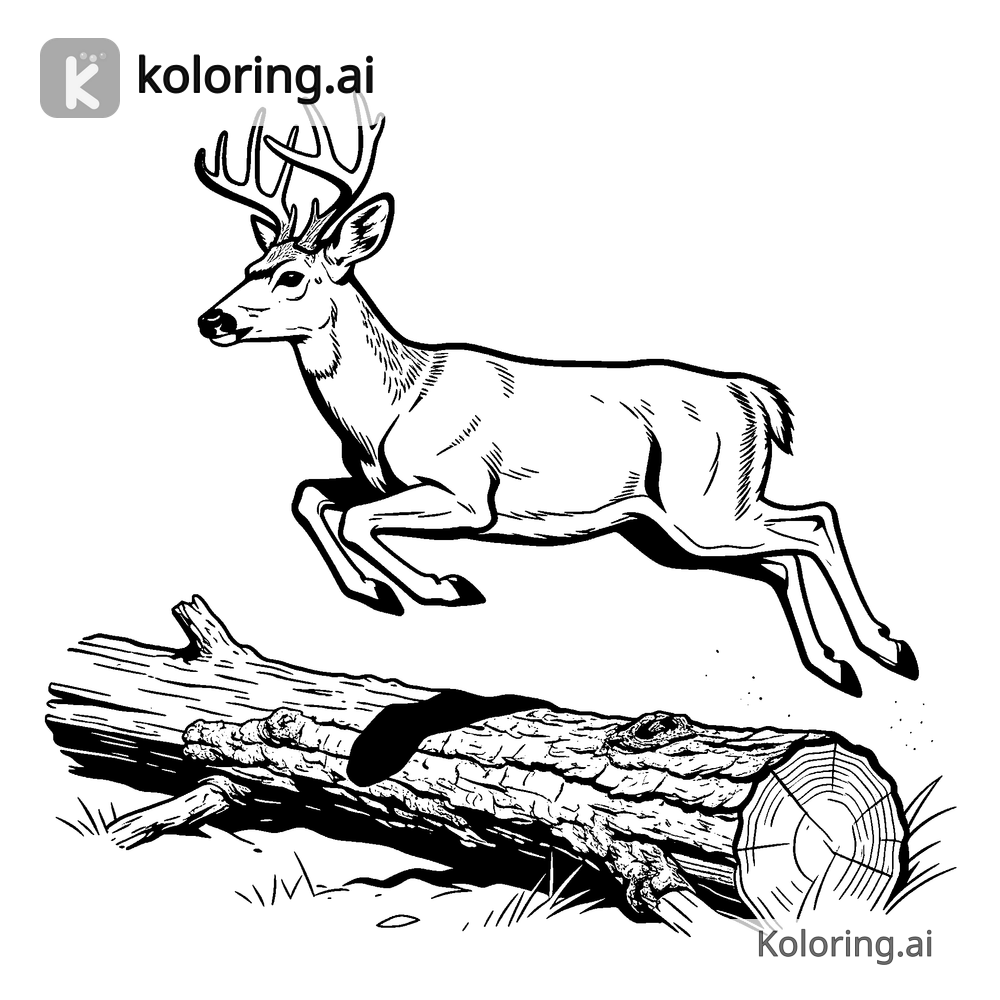 Black and white coloring page of deer leaping over a fallen log