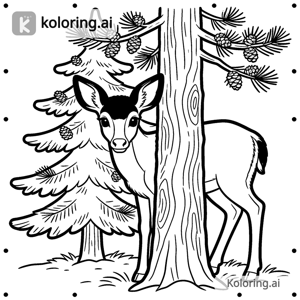 Black and white coloring page of deer peeking out from behind a pine tree