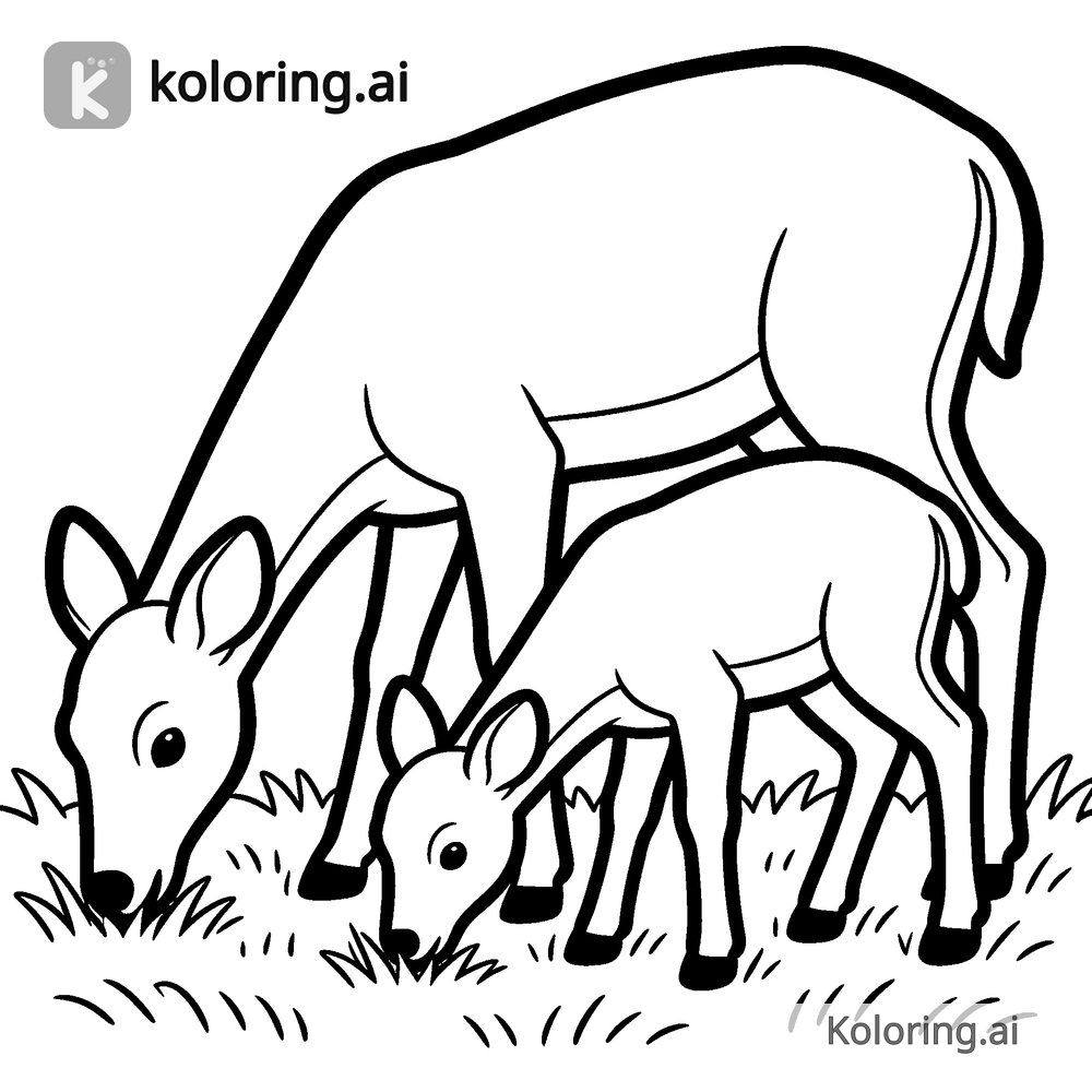 Black and white coloring page of doe and fawn grazing in a meadow