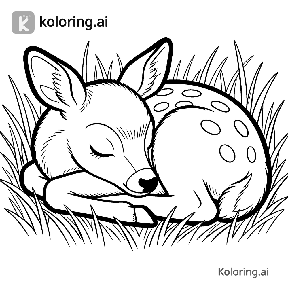 Black and white coloring page of fawn curled up asleep in tall grass