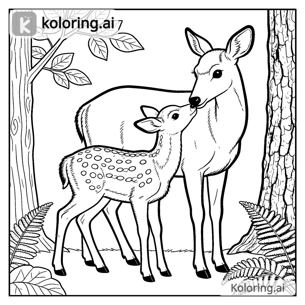 Black and white coloring page of fawn nuzzling its mother in the forest