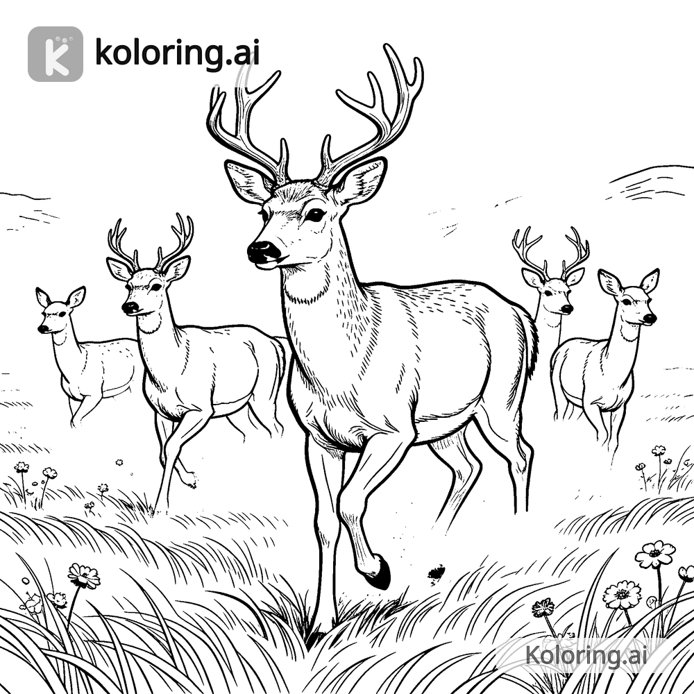 Black and white coloring page of herd of deer crossing a misty meadow