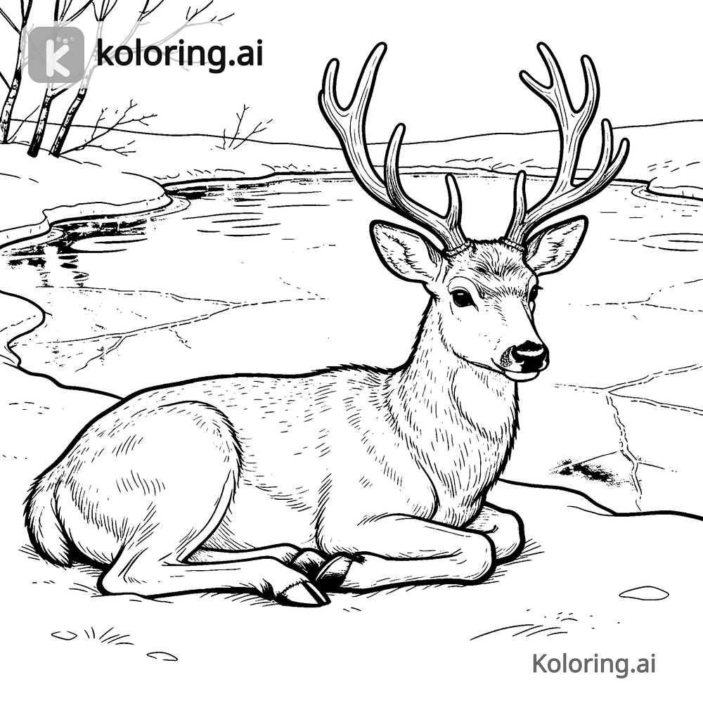 Black and white coloring page of reindeer resting beside a frozen pond