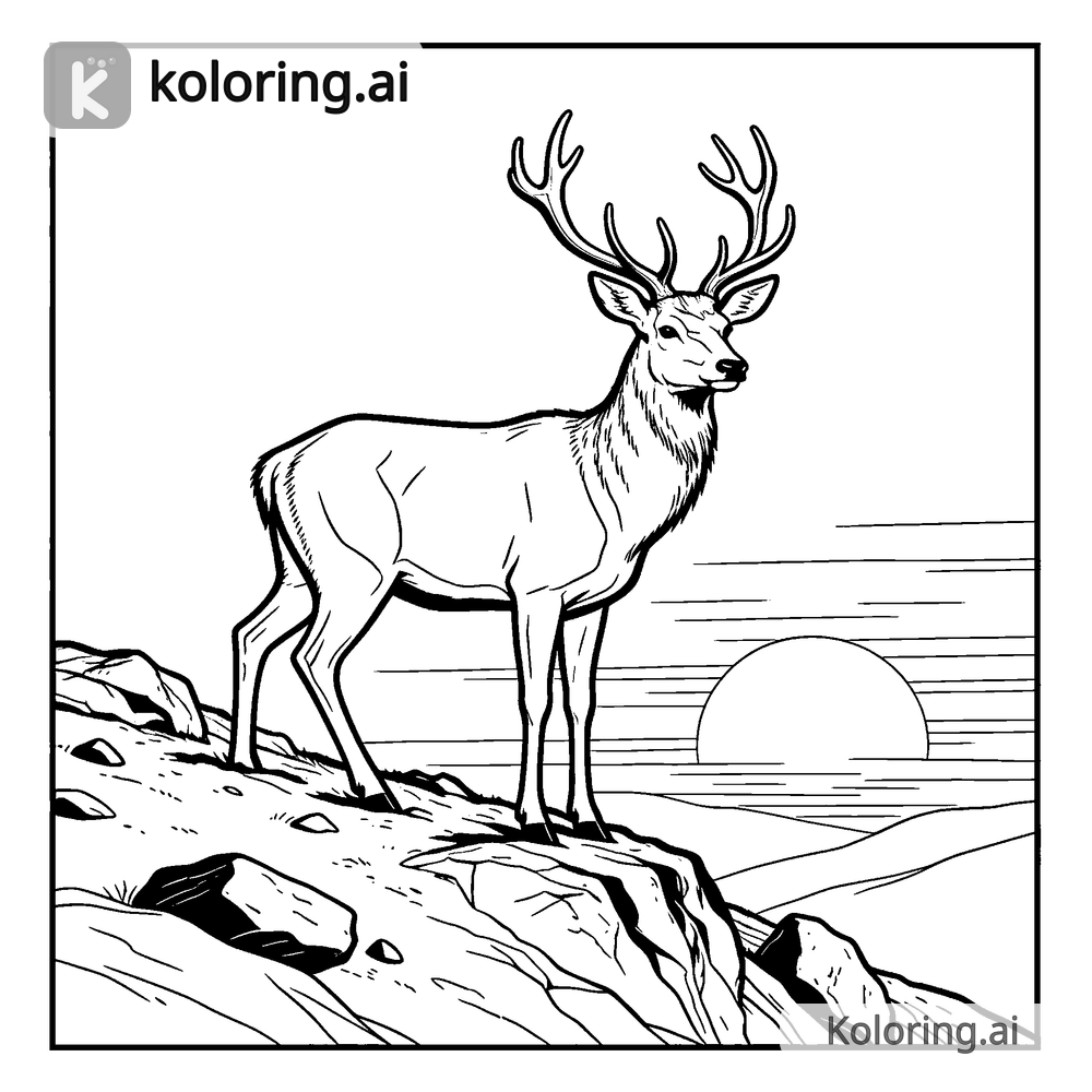 Black and white coloring page of stag standing on a rocky hillside at dawn