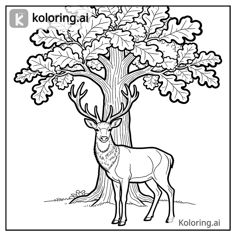 Black and white coloring page of stag with tall antlers beneath an oak tree