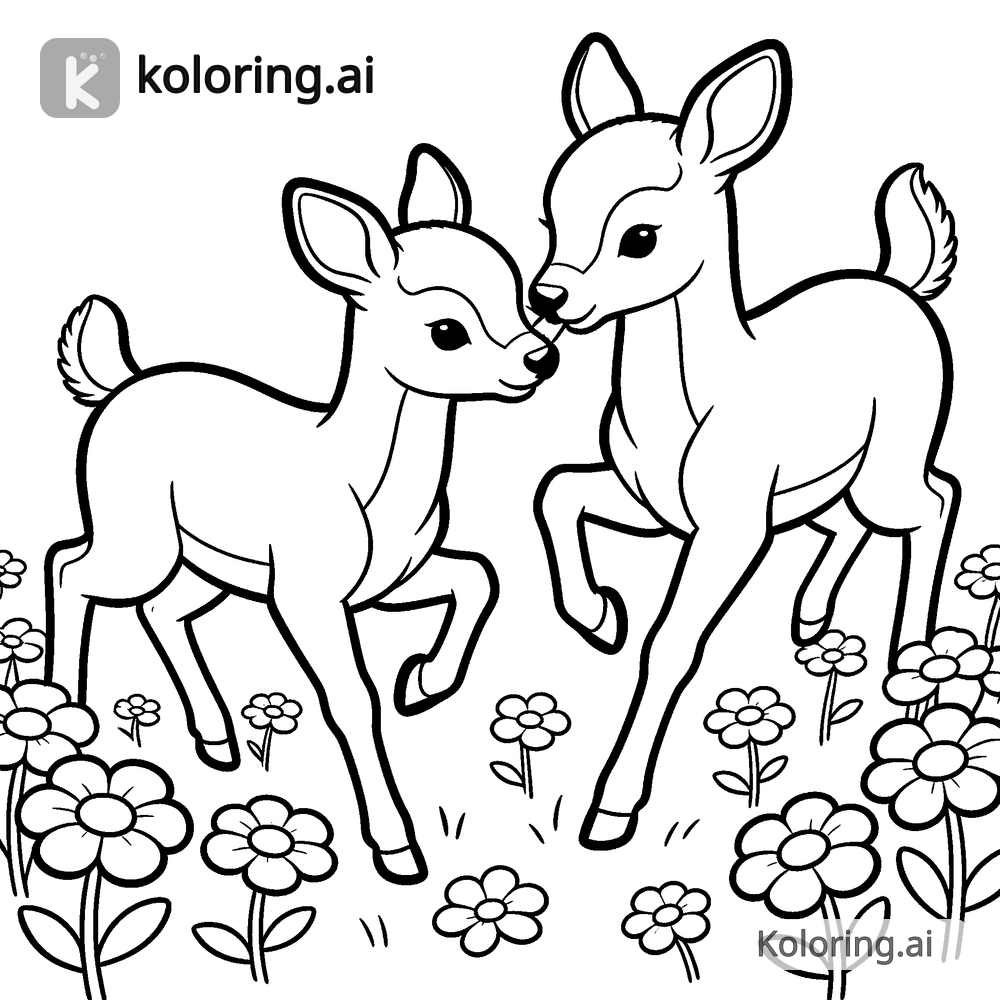 Black and white coloring page of two fawns playing among wildflowers