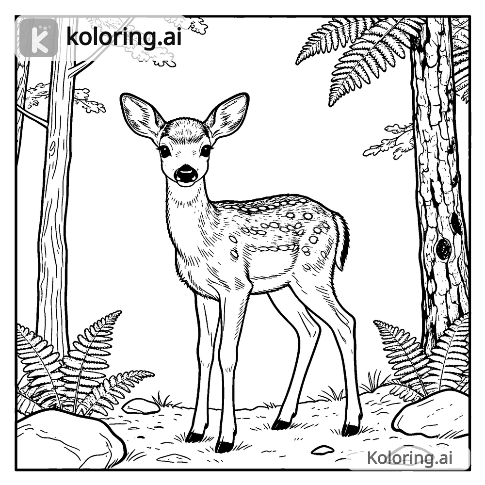 Black and white coloring page of young fawn standing in a forest clearing